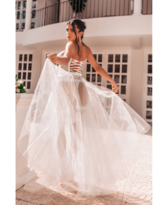 Ensemble 4 pièces blanc, bustier, string et 2 jarretières 